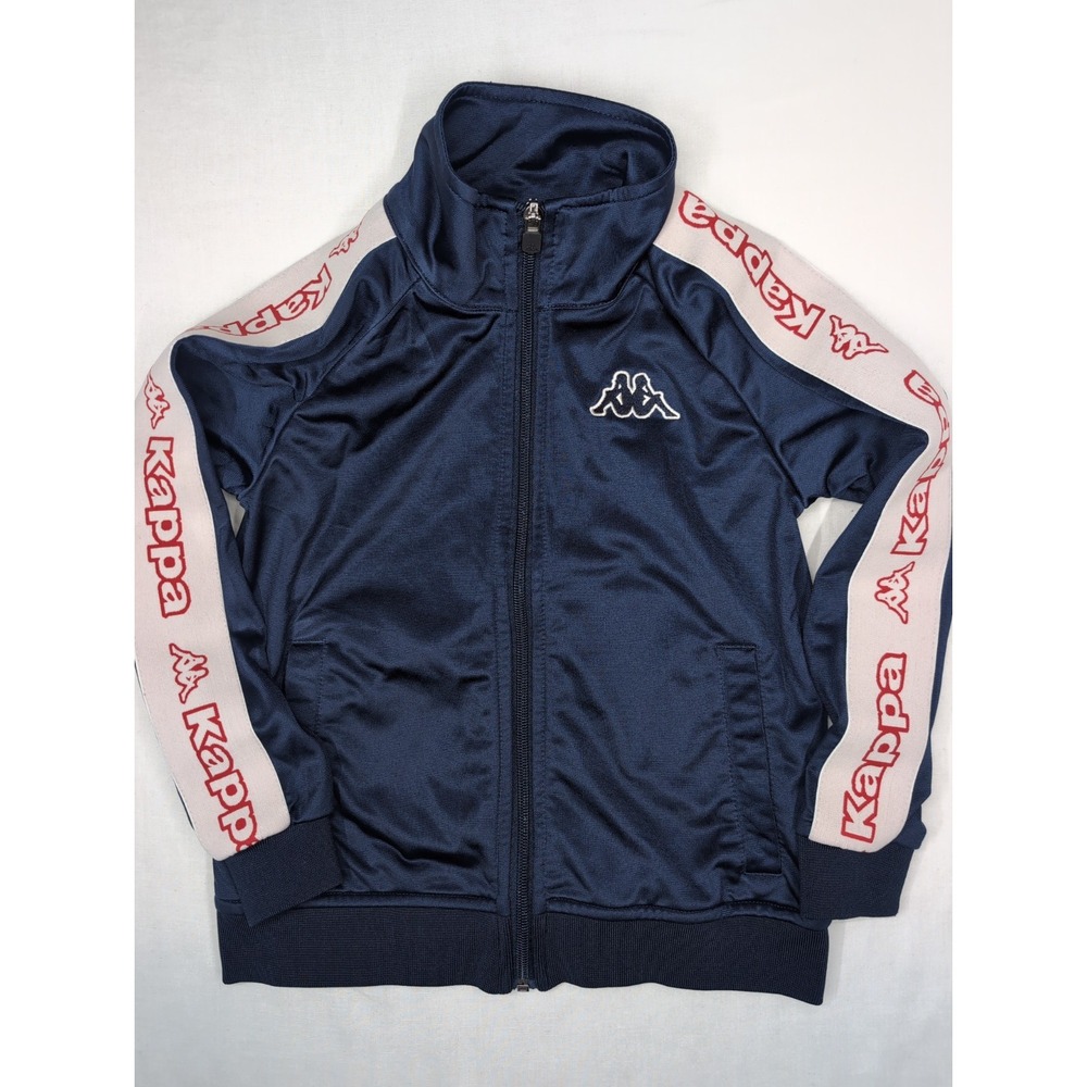 Kappa Kids 6 Track Jacket Full Zip Navy Blue Retro Logo Tape Stand Collar